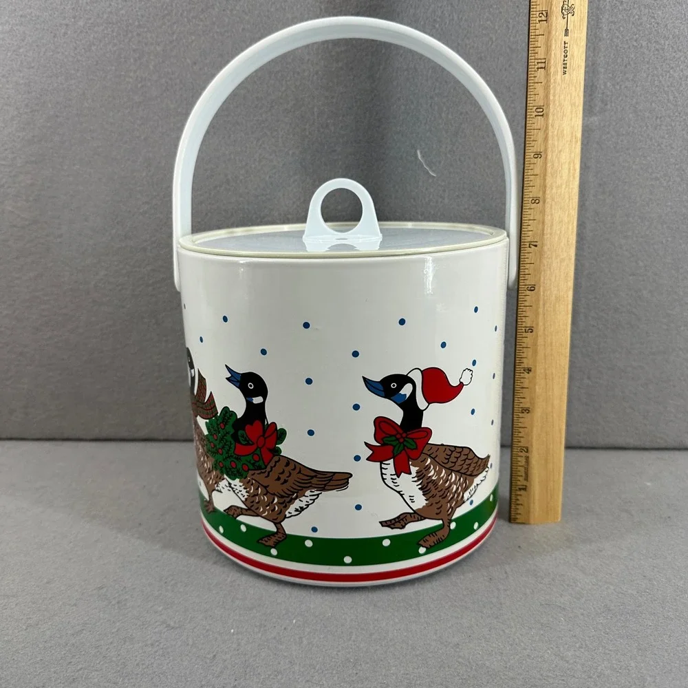 Vintage Holiday Goose Ice Bucket Set with Plastic Glasses Christmas Taiwan 1980s